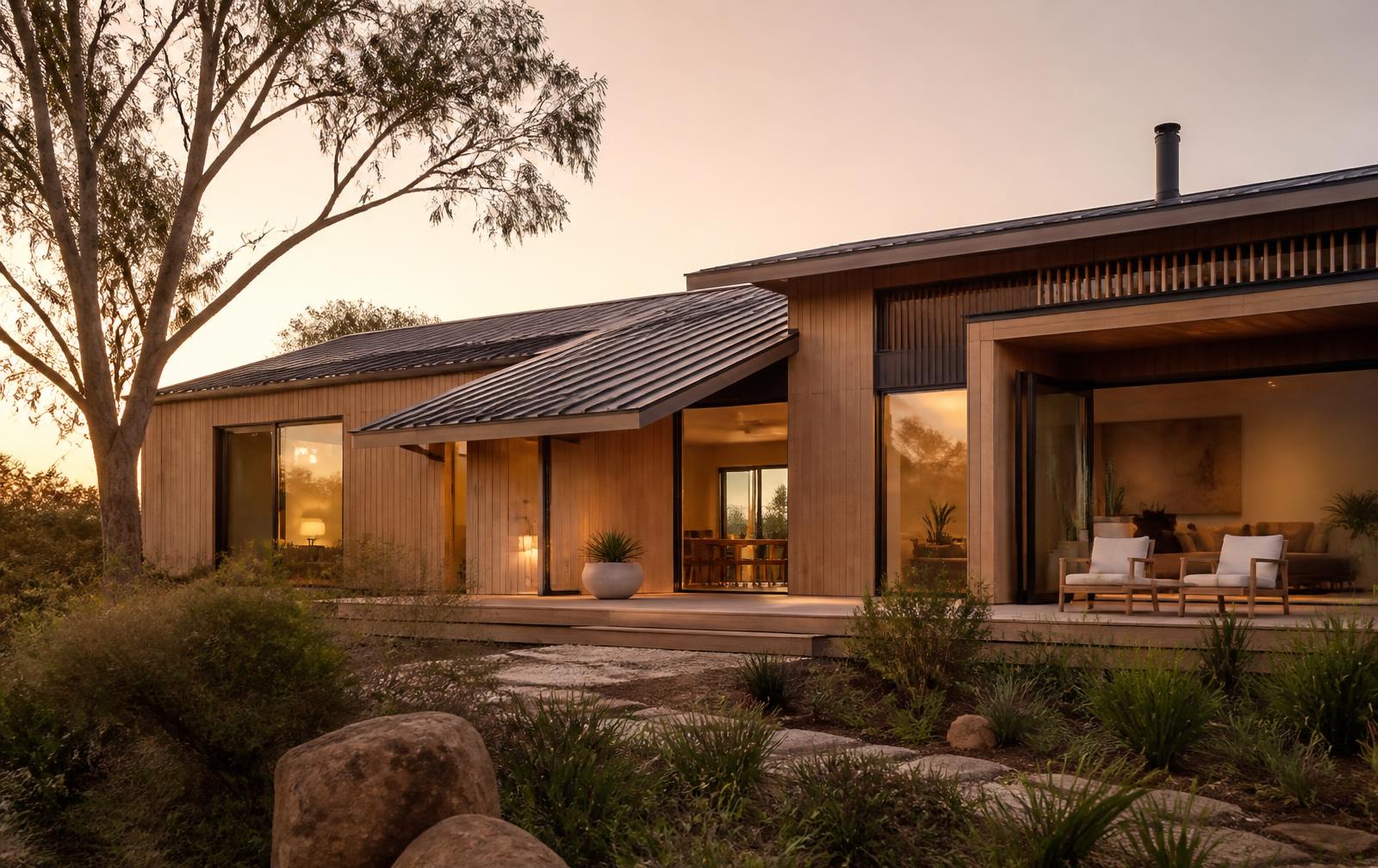 Timber-clad new home exterior at golden hour
