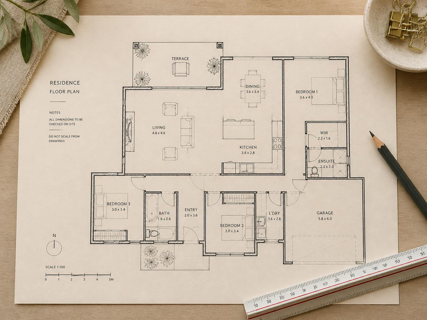 Residential floor plan drawing with scale rule and pencil