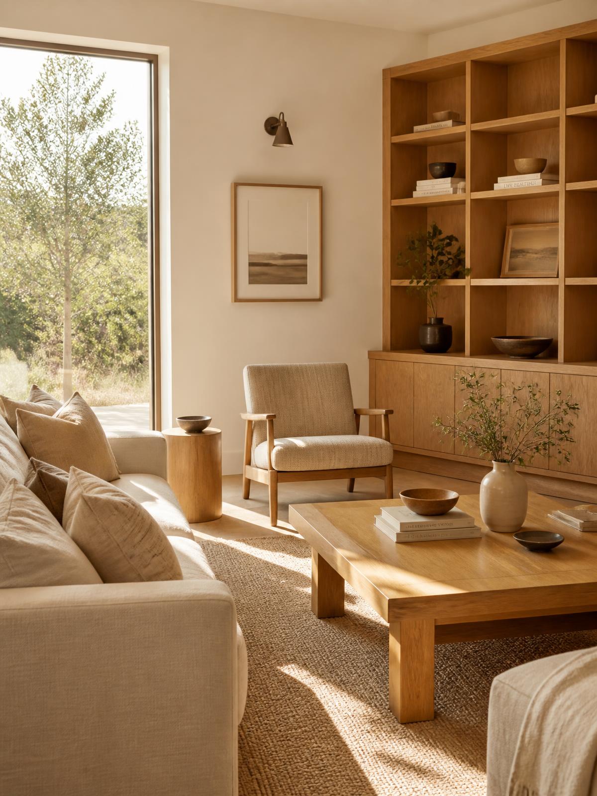 Sunlit living room with oak furniture and linen textures