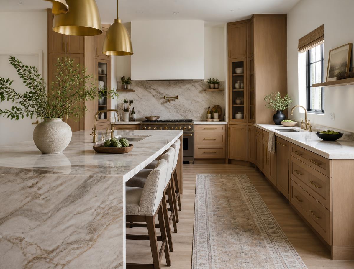 Warm modern kitchen with marble island